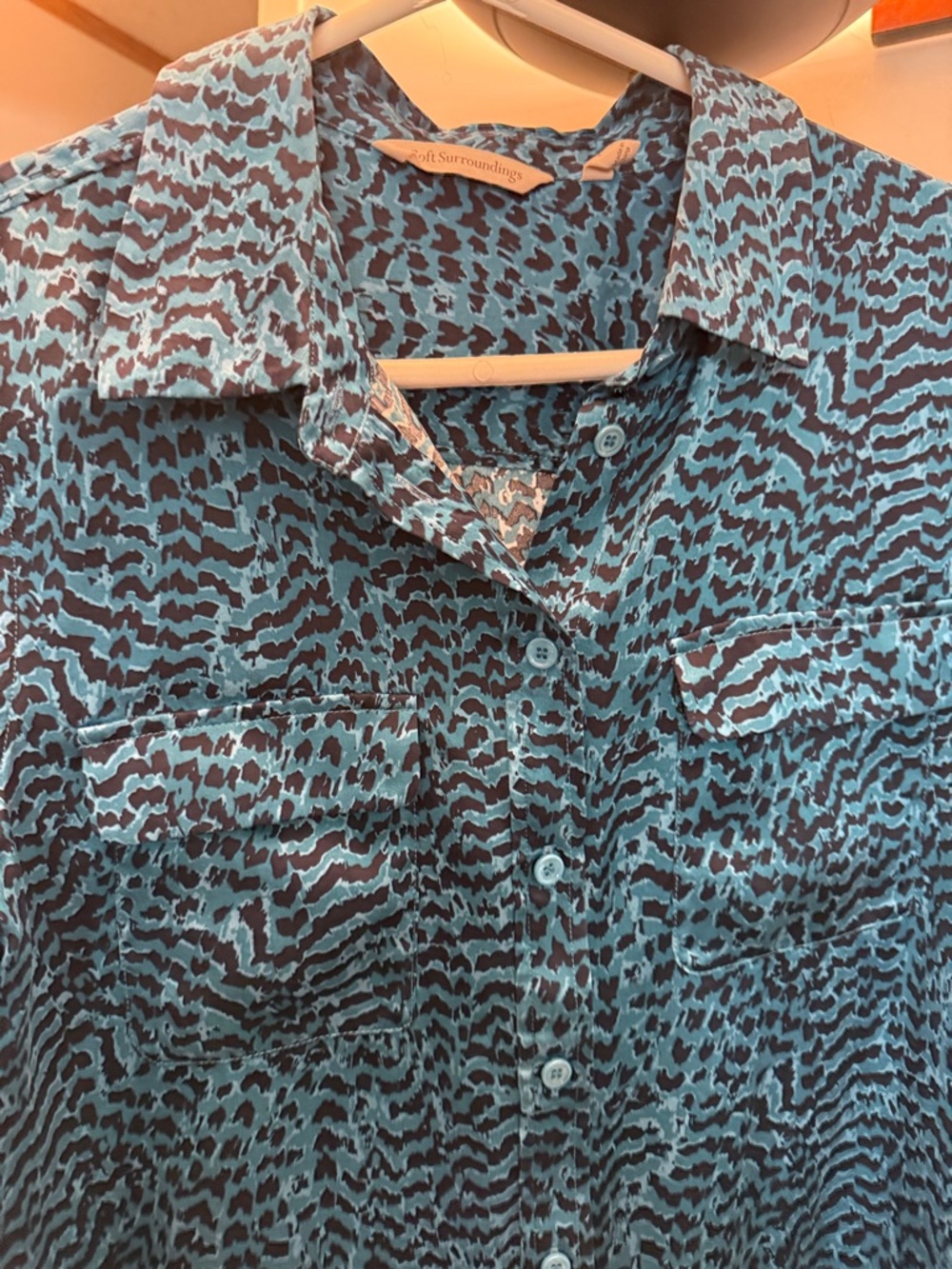 Soft Surroundings 100% Silk Turquoise and Black Patterned Button-Up Blouse